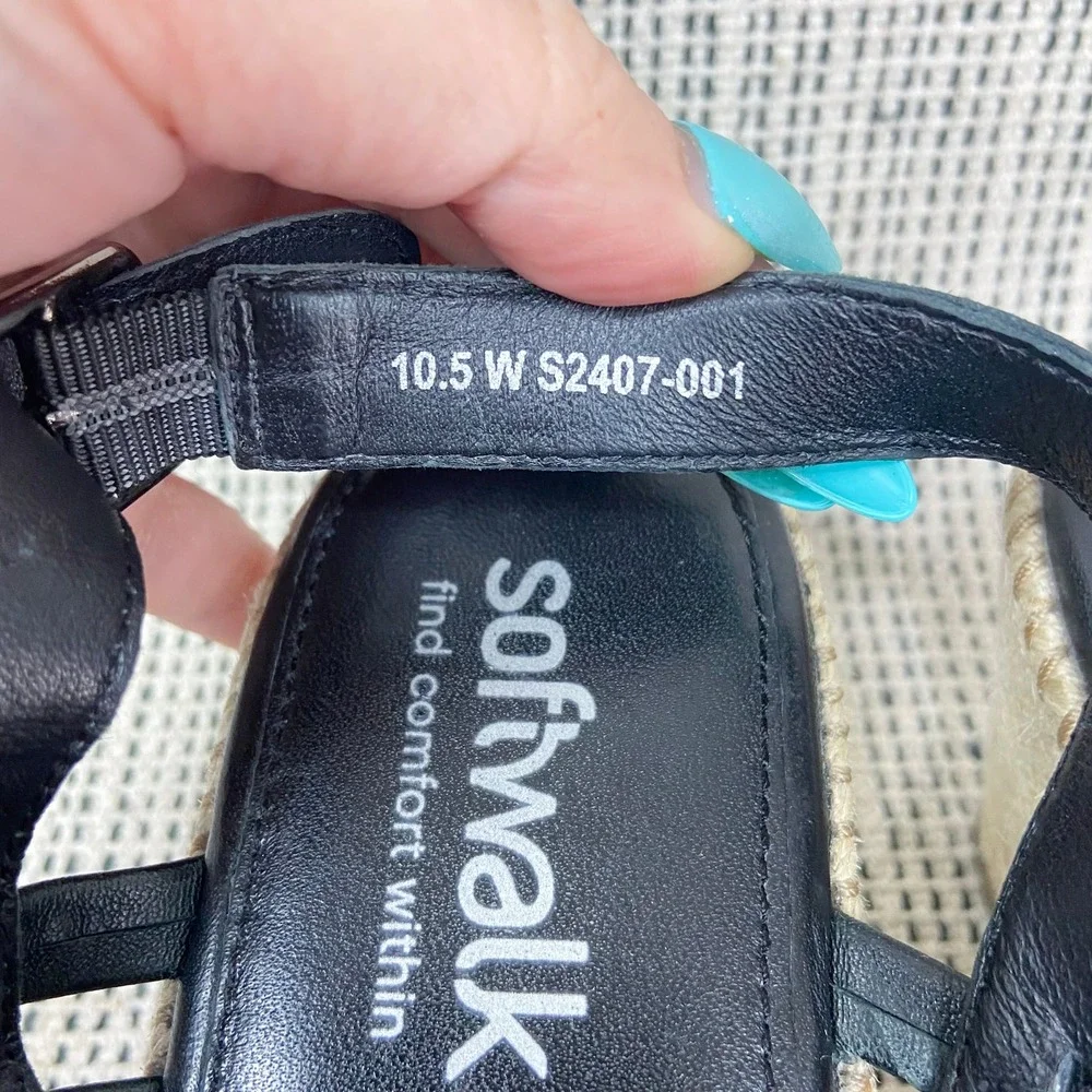 SoftWalk Espadrille Sandals Sz 10.5 Wide Black Leather‎ Coastal Resort Summer